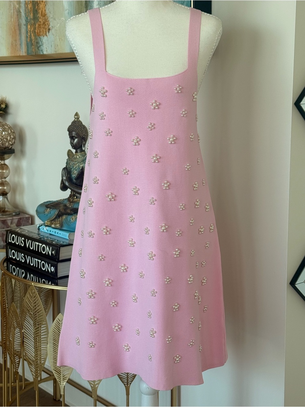 Pink Mini Dress with Floral Pearl Embellishments